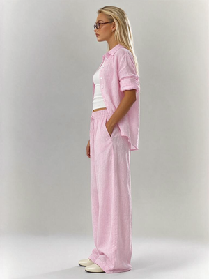 Solid Color Shirt And Trousers Set, Long-sleeved Shirt And Loose Trousers, Two-piece Set
