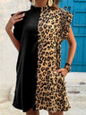Leopard Print Color Blocking Roll Up Your Sleeves Small Stand-up Collar Mini&Short Dresses