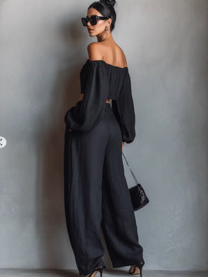 Solid Color Off-shoulder Long-sleeved Top And Wide-leg Pants Two-piece Set