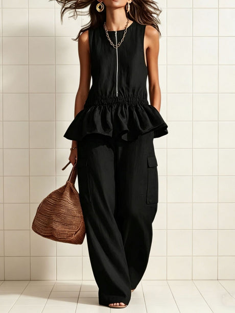 Sleeveless Pleated Vest And Wide-leg Trousers Two-piece Set