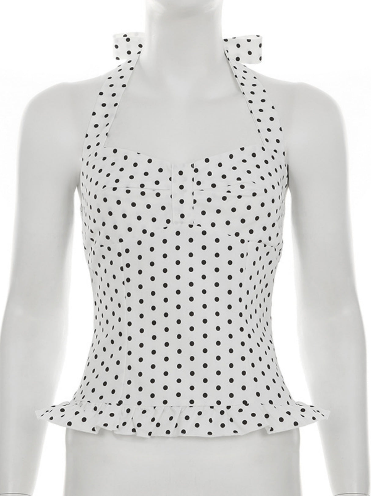 Polka Dots Wavy Lace Chest Pleats Neck Strap Tank Tops&Camis