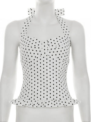 Polka Dots Wavy Lace Chest Pleats Neck Strap Tank Tops&Camis