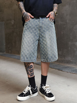 Jacquard Full Print Denim Lightweight Straight-fit Five Points Shorts