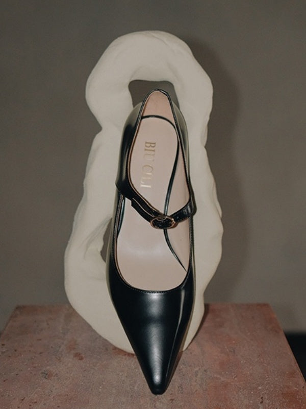 BIUCILI "Dark Night Muse" Pointed-Toe Mary Jane Elegant Low-Cut Black Flats