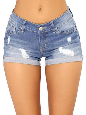 Denim Hole Flip-edge Slim-fit Shorts