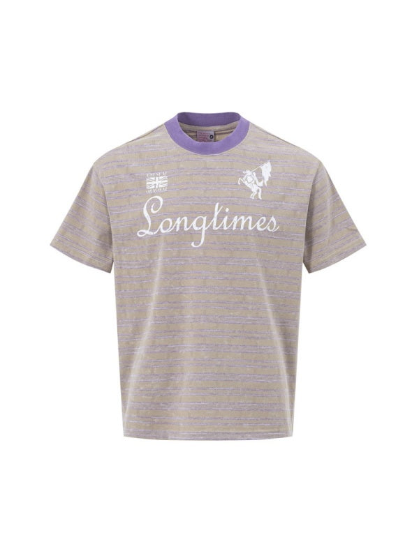 Distressed Letter Printed Color-blocked Stripes T-shirts