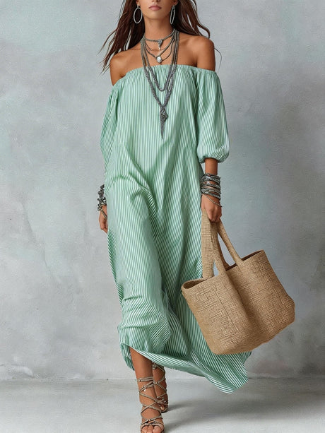 Striped Off-shoulder Loose-fitting Vacation Style Maxi Dresses