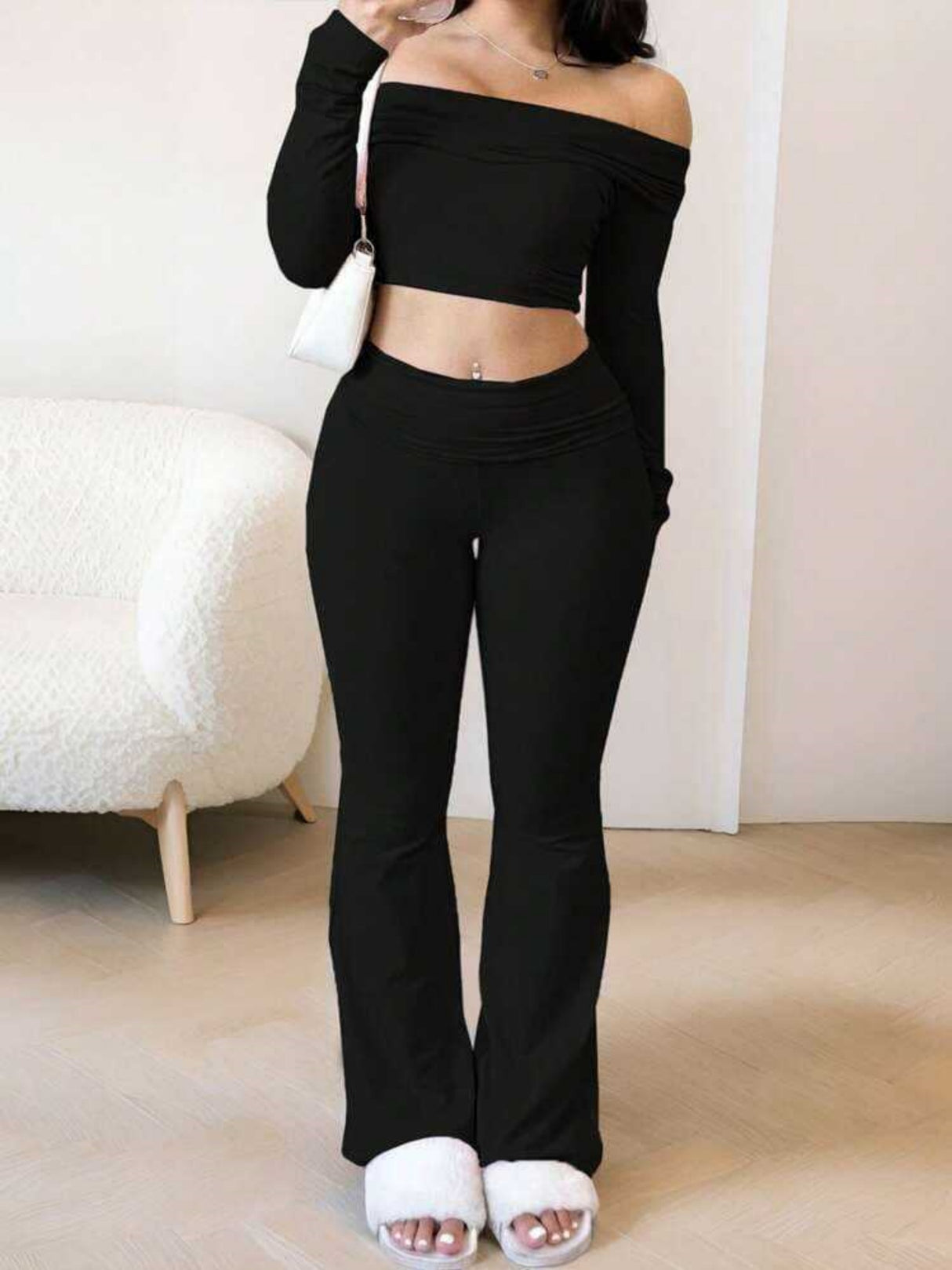 Off-shoulder Navel Exposed Tight Top And Long Pants 2-piece Sets