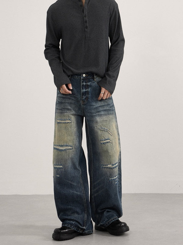Washing Old Hole Patch Machete Vintage Wide-leg Jeans