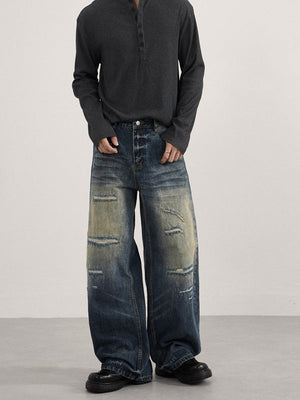 Washing Old Hole Patch Machete Vintage Wide-leg Jeans