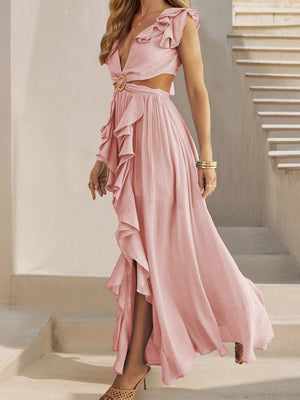 V-neck With Ruffles Backless And Waistless Hollowed-out Slit Back Strap Maxi Dresses