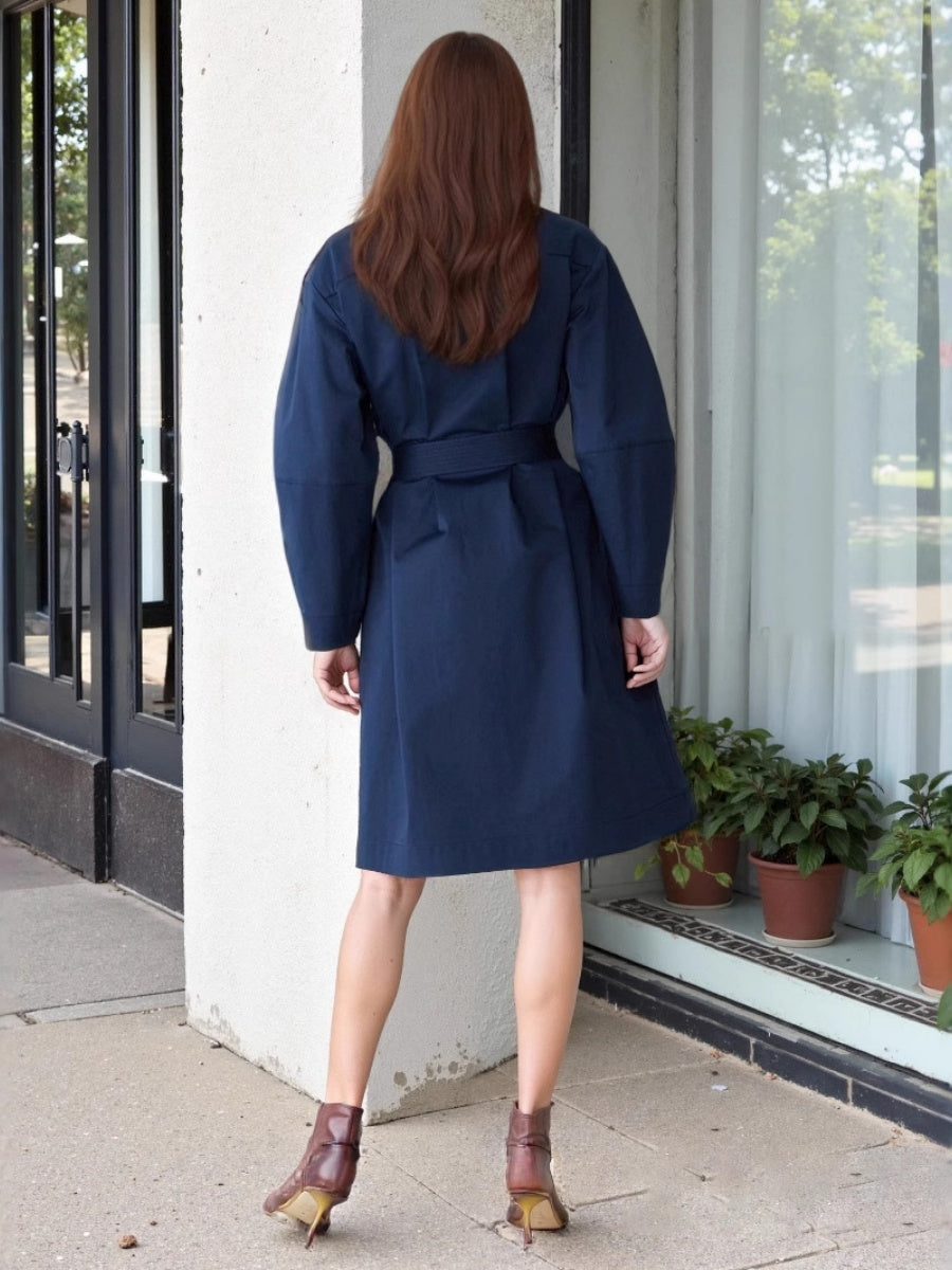 Liber Autumn Women's Button Belt Coat Overcoat Leg of Mutton Sleeve Short Dress