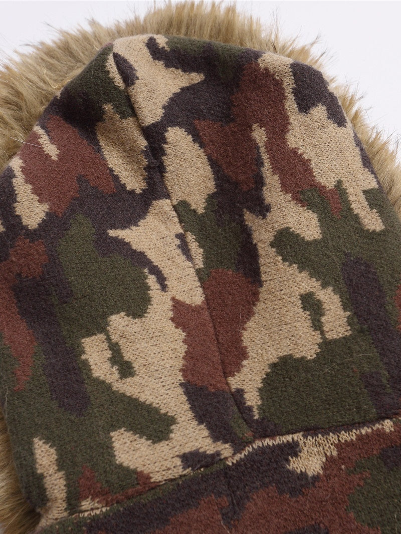 Retro Fur Collar Camouflage Letter Embroidery Hooded Knitwear