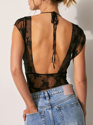Lace Patchwork Perspective Neck Strap Deep V Tank Tops&Camis