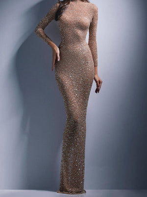 Mesh Sequins Zipper Maxi Dresses