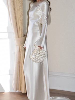 Liber Autumn Women's Backless Solid Color Long sleeve Satin Maxi Dresses