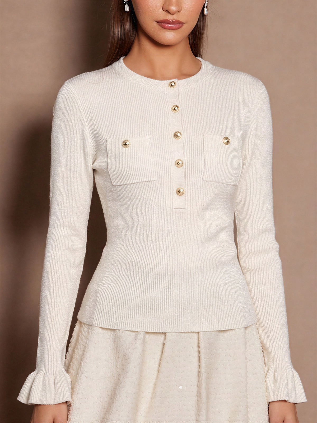 Half-open Metal Button Pocket Ruffle Sleeve Pullover Sweater