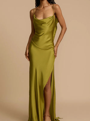 Backless Ribbon Satin Slits Wedding Maxi Dresses