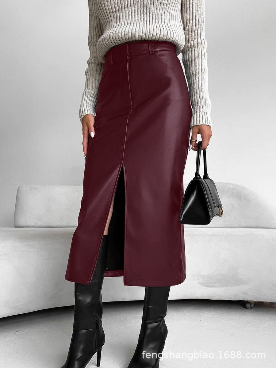 Bodycon Style Matte Fleece Lining PU Leather Slit Sexy Workplace Casual Skirt