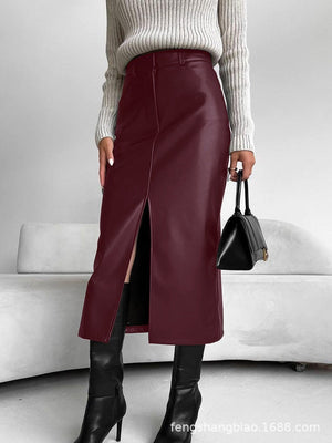 Bodycon Style Matte Fleece Lining PU Leather Slit Sexy Workplace Casual Skirt