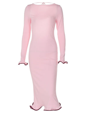 Backless Bell Sleeves Ruffled Skirt Knitting Sexy Color-blocked Long Dress