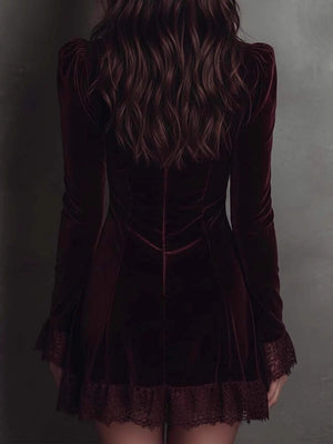 Burgundy Velvet Lace-trimmed Short Dress