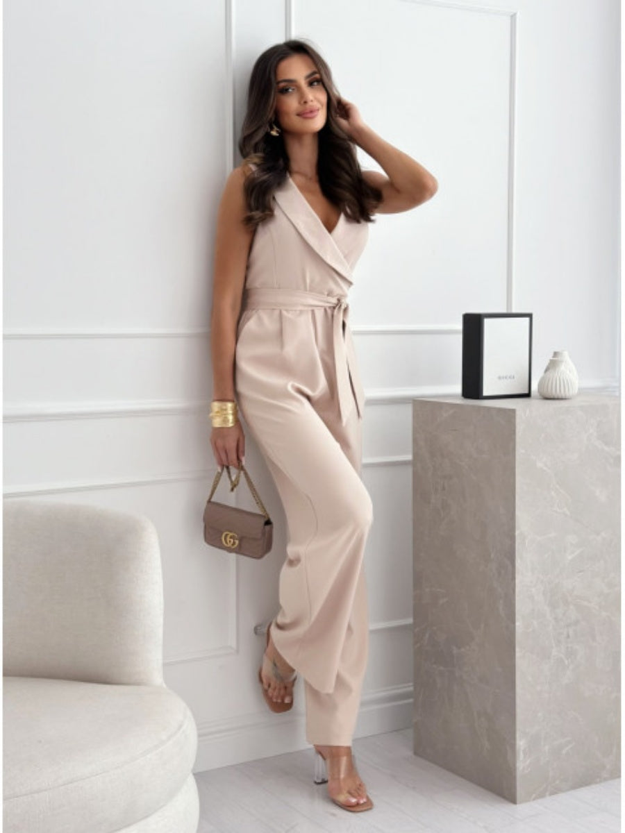 V-neck High-waisted Jumpsuit With A Fitted Waist And Tie