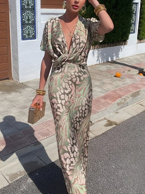 Floral Print Knot V-neck Short Sleeve Maxi Dresses