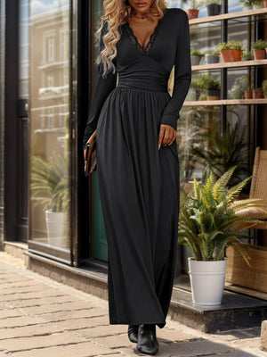 V-neck Lace Splicing Long Sleeve Slit Temperament Commuting Dinner Maxi Dresses