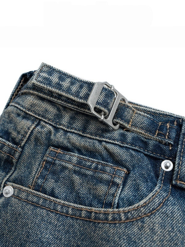 Retro Tattered Washing Camouflage Splicing Loose Work Jeans