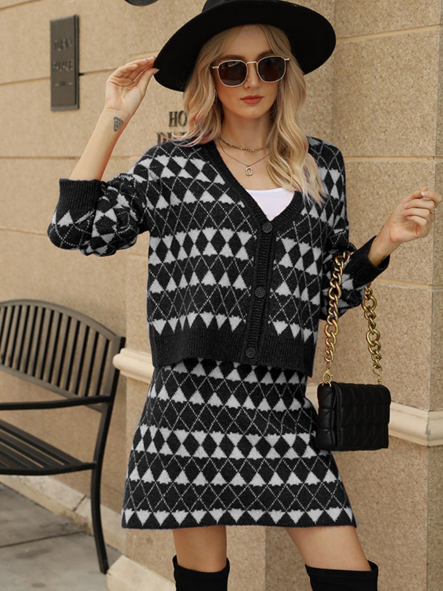 Liber Spring Women's Contrasting colors Diamond Two-piece suit V-neck cardigan A-line skirt Long sleeve