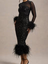 Feather-Trim Sequin Backless Slit Bodycon Dress