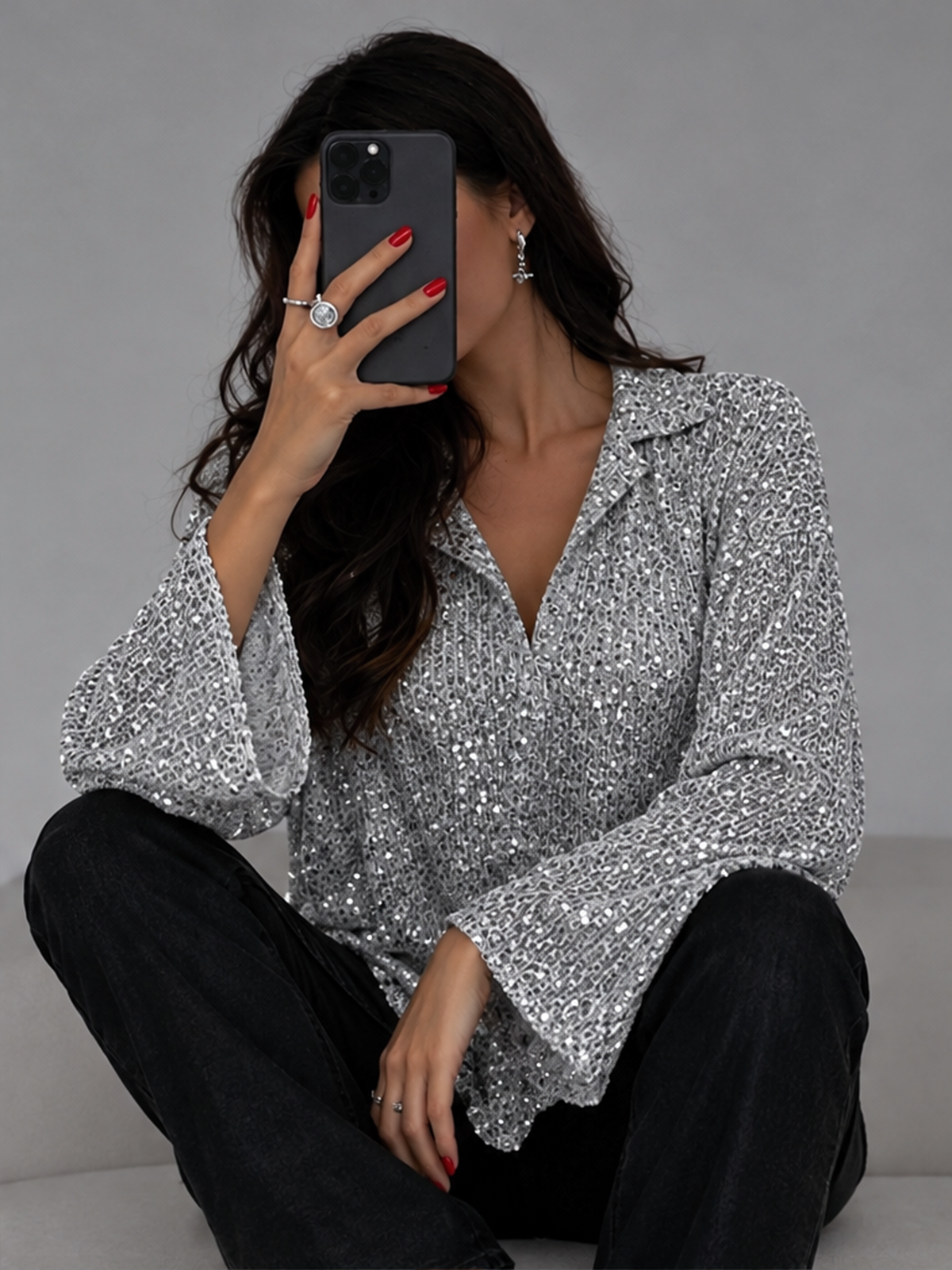 Stylish Sequined Long-sleeved Collared Casual Shirt