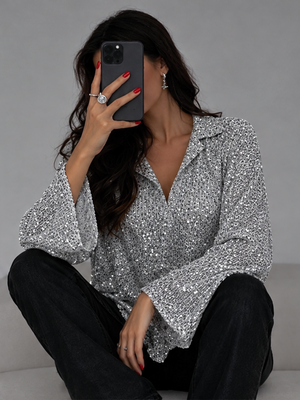 Stylish Sequined Long-sleeved Collared Casual Shirt
