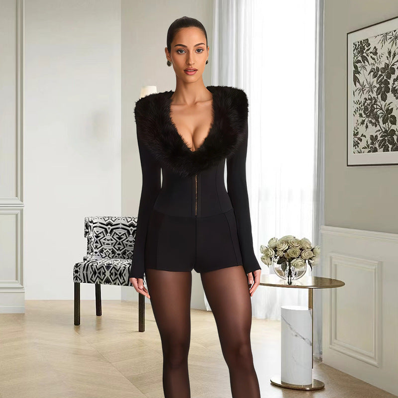 Faux Fur Collar Sexy Slim Fit Dinner Party Bodysuit