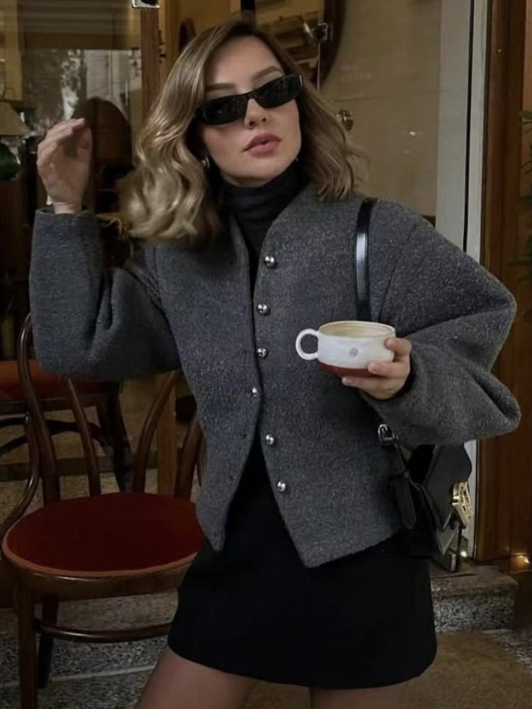 Stand Collar Buttoned Fashionable Short Long-sleeved Jacket Suit Coat