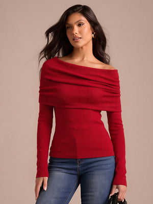 Wool Folded Off-shoulder Long-sleeved Sweater