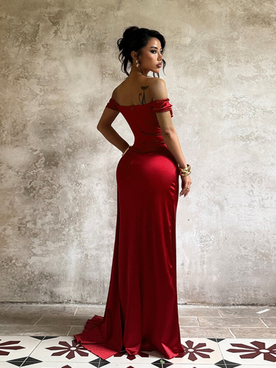 Off-the-shoulder Style With Slits Satin Sexy Backless Dinner Cocktail Party Wedding Long Dress