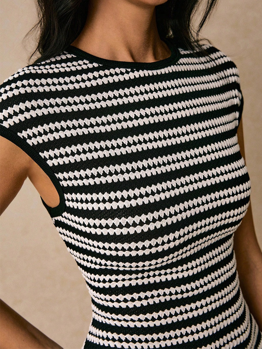 Stripes Knitting Sleeveless Slim Fit Midi Dresses