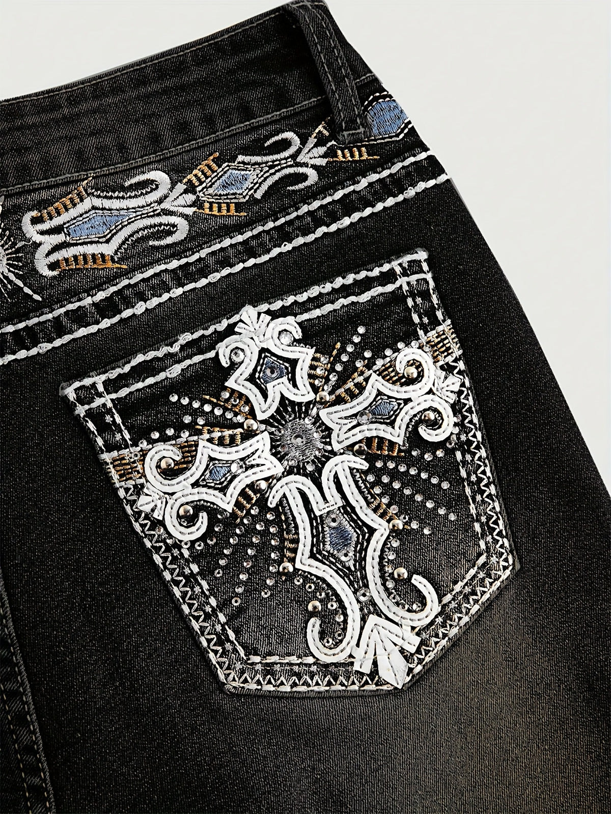 Women's Autumn/Winter Dark Washed Embroidered Rhinestone Flare Jeans