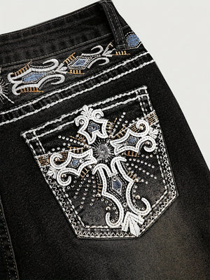 Women's Autumn/Winter Dark Washed Embroidered Rhinestone Flare Jeans