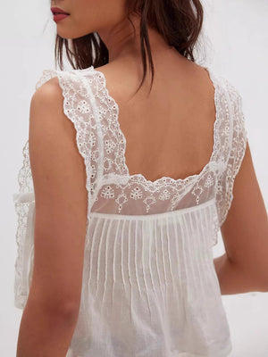 Lace Trim Square Neck Tie Tank Tops&Camis