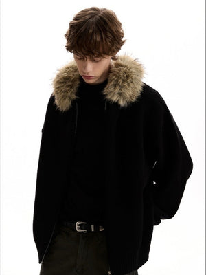 Fur Collar Hooded Knitting Cardigan Coat
