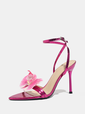 Three-dimensional Floral Rose Red Crisscross Strap Stiletto Sandals