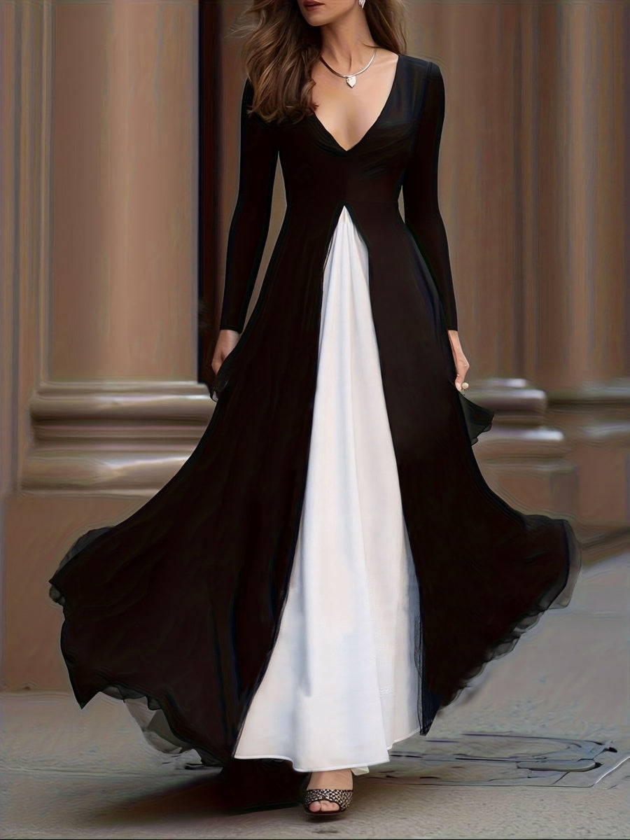 Black And White Color Blocking Splicing Swing Skirt Maxi Dresses