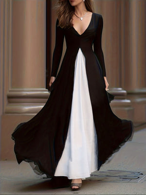 Black And White Color Blocking Splicing Swing Skirt Maxi Dresses