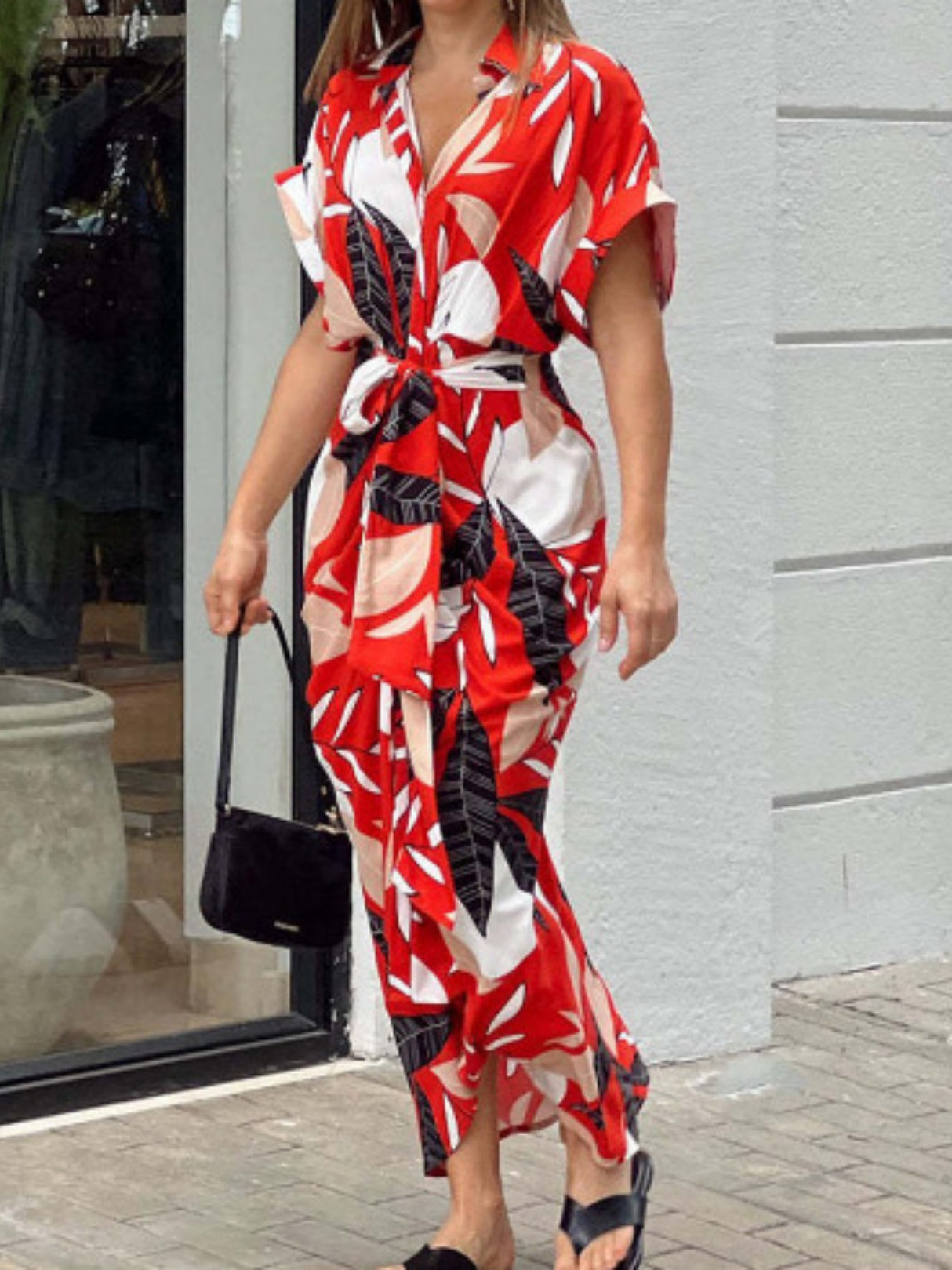 Lapel Shirt Dress Short-sleeved Single-breasted High-waisted Maxi Dresses