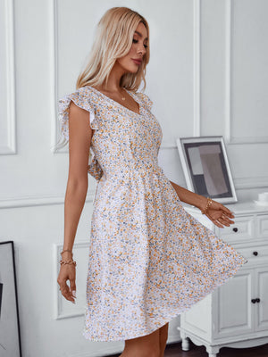 Printed Lace-up Backless V-neck Ruffled Sleeves Mini&Short Dresses