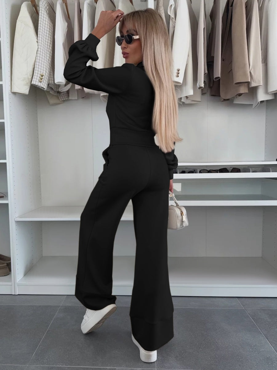 Long-sleeved Collared Top And Elastic Wide-leg Pants Two-piece Set