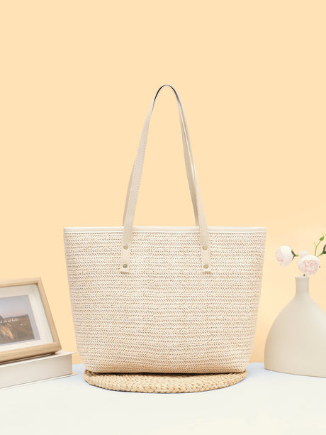 Solid Color Straw Woven Vacation Tote Bag